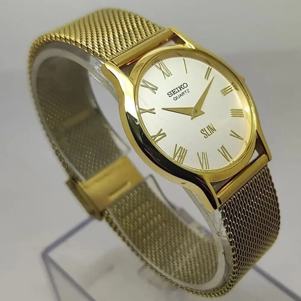 Vintage Style Seiko Quartz Mens Gold Watch & Silver accents W/ Metal Strap
